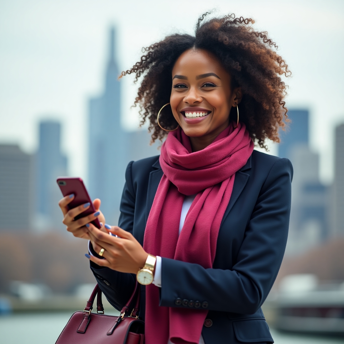 Professional woman confidently using financial app