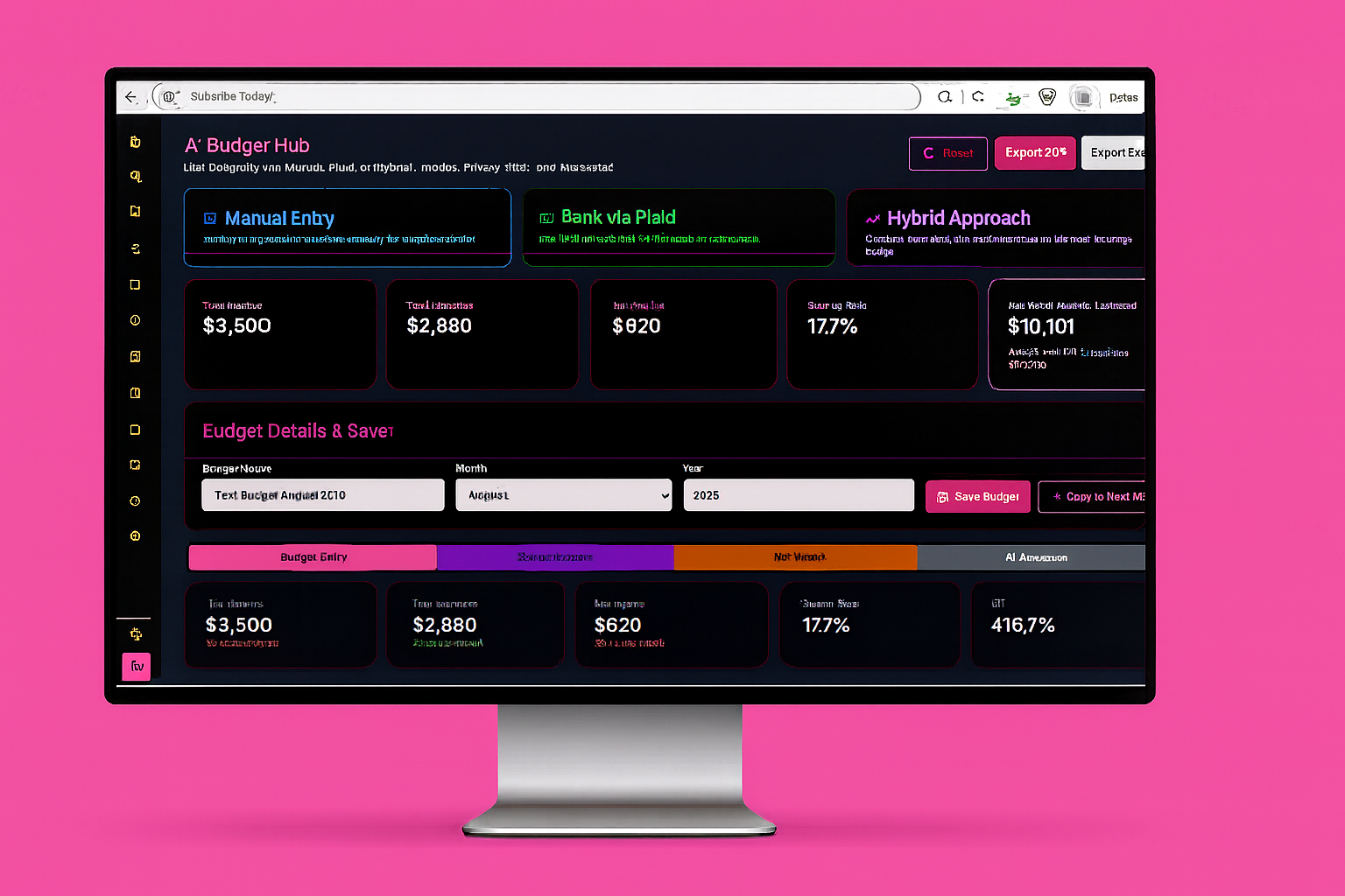 Budget management dashboard showing savings and expense tracking
