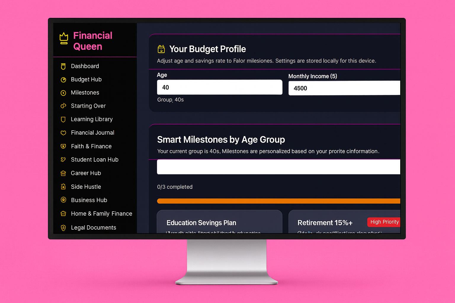 Smart milestones by age group dashboard showing personalized financial goals